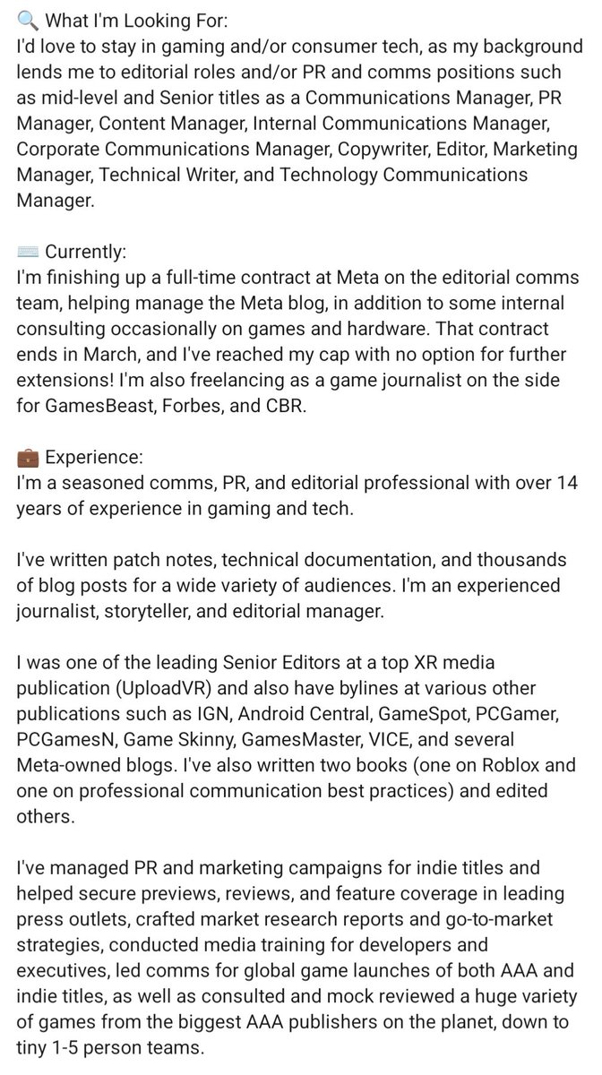 ‼️Seeking my next opportunity‼️

My contract at Meta expires in March and I've maxed out my extensions, so I'm actively searching for what's next.

I'd love to stay in comms, editorial, marketing, and/or PR for games and/or XR. 

Let's work together! RTs appreciated.