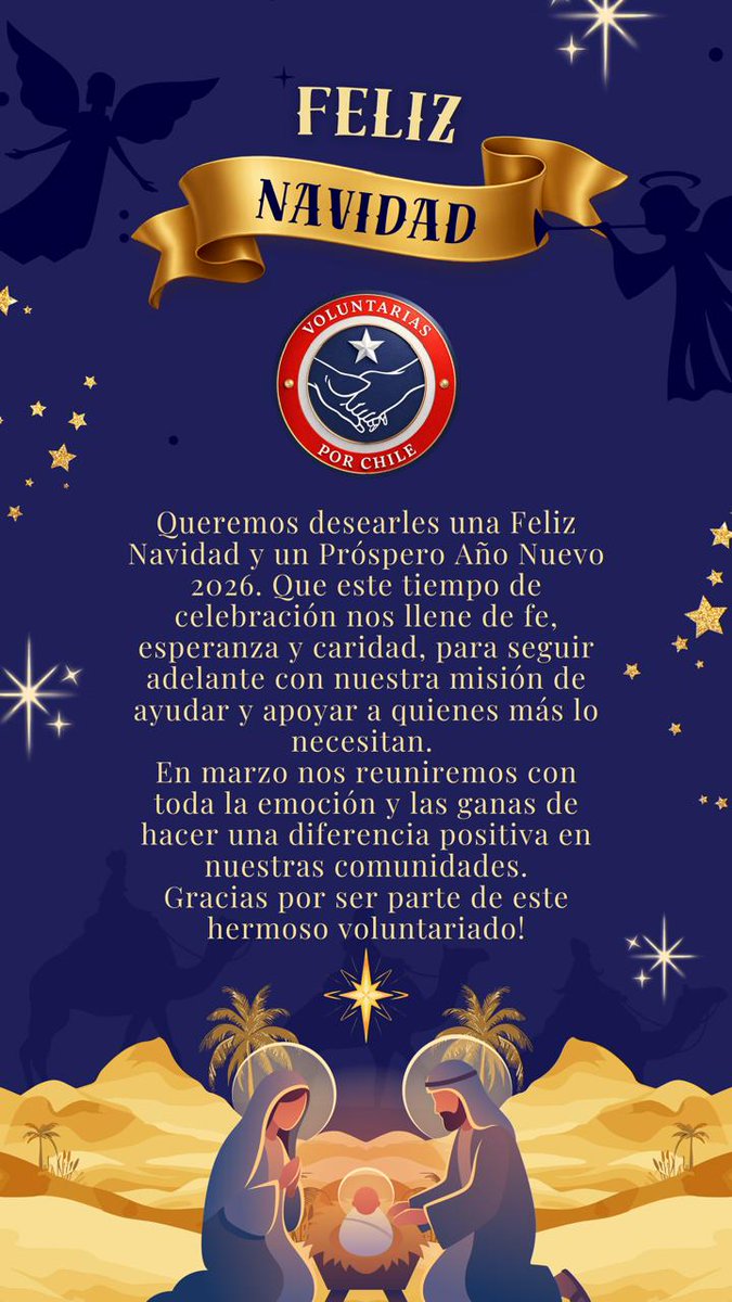Desde Voluntarias por Chile, enviamos 1 cariñoso saludo de Navidad. Nuestros más sinceros deseos para todos! Que el nacimiento Nilo Jesús ilumine sus hogares y los llene de bendiciones
#FelizNavidad 
<a href="/Mdiazdevaldes/">Marceladiazdevaldes</a> <a href="/defensachilena/">Andrea</a> <a href="/JavieraHartmann/">Javiera Hartmann</a> <a href="/Jime_Figueroa/">Jimena Figueroa ⭐️</a> <a href="/arevalo_ma92226/">Marga Arevalo</a>