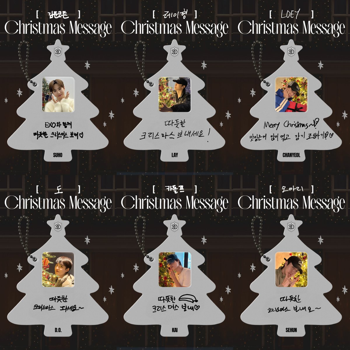 [FROM. EXO] EXO members’ selfies, handwritten Christmas messages and drawings for EXO-L’s Christmas Tree 📸💌✍🏻🎄✨

🐰 Junmyeon
Nickname: Kimjuncotton 
Message: “Have a warm Christmas together with EXO ♡”

🦄 Yixing 
Nickname: Lay hyung
Message: “Have a warm Christmas!”

🍒