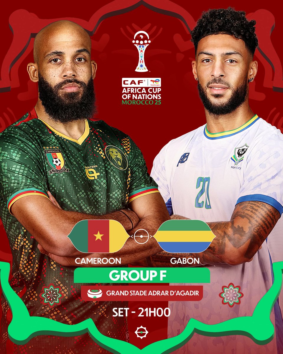 🏁 AFCON Maroc 2025

#Cameroun  🇨🇲 🆚 🇬🇦 #Gabon
📅 24/12/2025
⏰ 21H00
🏟️ Grand Stade Adrar d'Agadir 

#CANTOTALENERGIES2025 | #KFOOT |