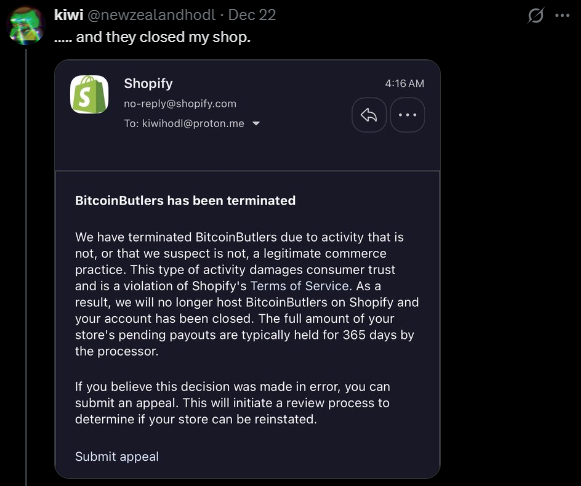 r0ckstardev's tweet image. If you need yet another example of why we must keep building toward "rules, not rulers", and better protocols: look at what @Shopify did to @newzealandhodl.

He asked for UX improvements for non-custodial @BtcpayServer Bitcoin payments, they responded by banning his store.