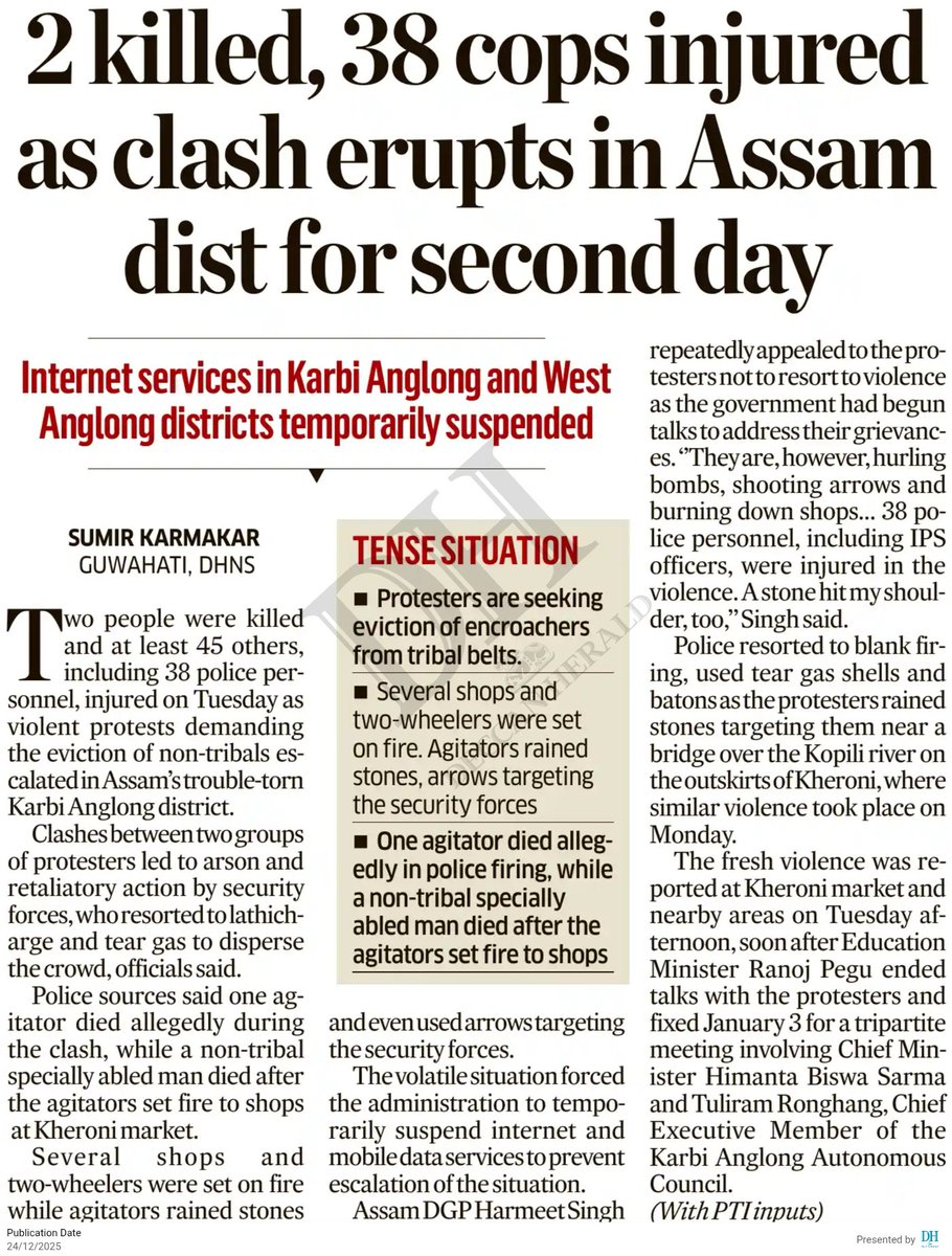 Two killed, several injured in fresh violence in #Assam's West #karbianglong district, internet suspended. 
deccanherald.com/india/assam/in…