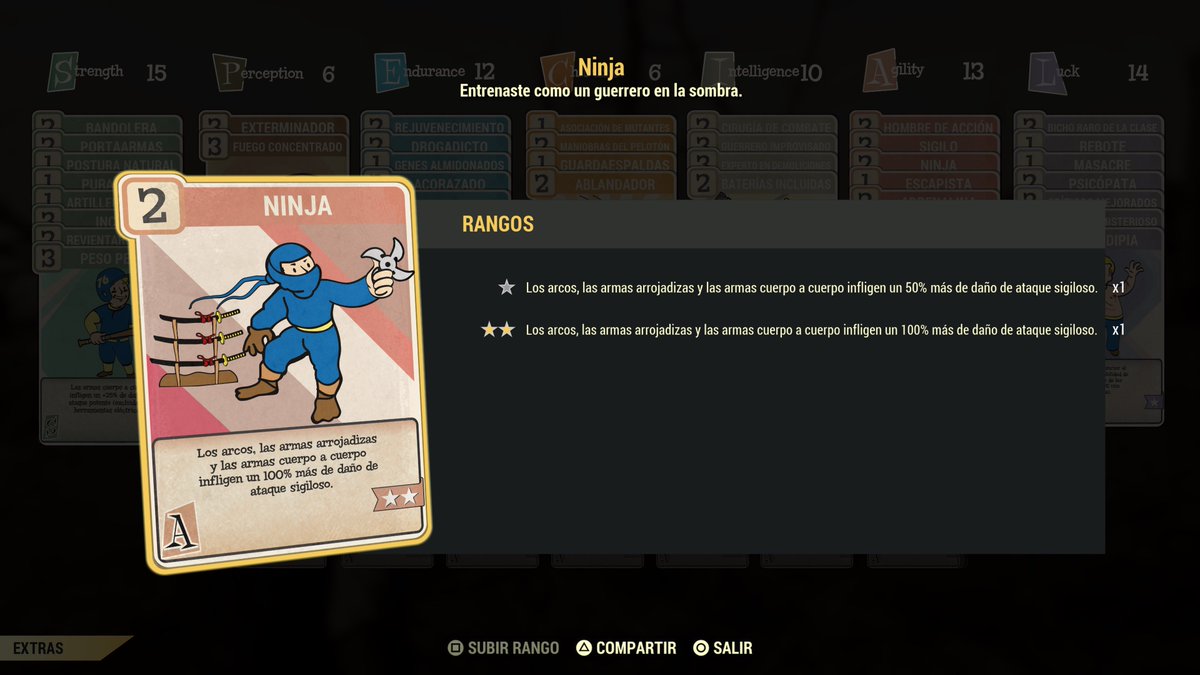 Me hice una build para ése garrote, que se me hacía de lo más equis del juego. Uff combinarlo con esas cartas resulta bien entretenido, unos garrotazos por la espalda con bonificación de daño X5, una pasada 😄 

#Fallout76