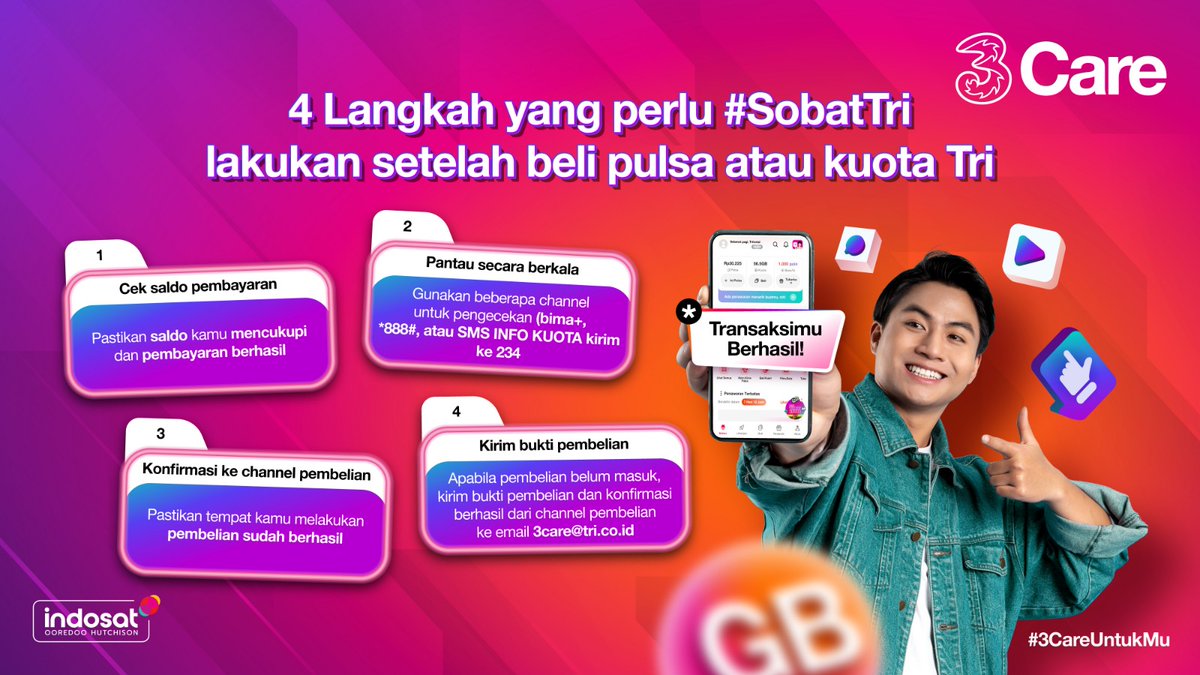 _taricha's tweet image. Tetap tenang yaa sobat tri, isi pulsa dan kuota kalian pasti lancar  ikutin tipsnya @3CareIndonesia yaa 👇