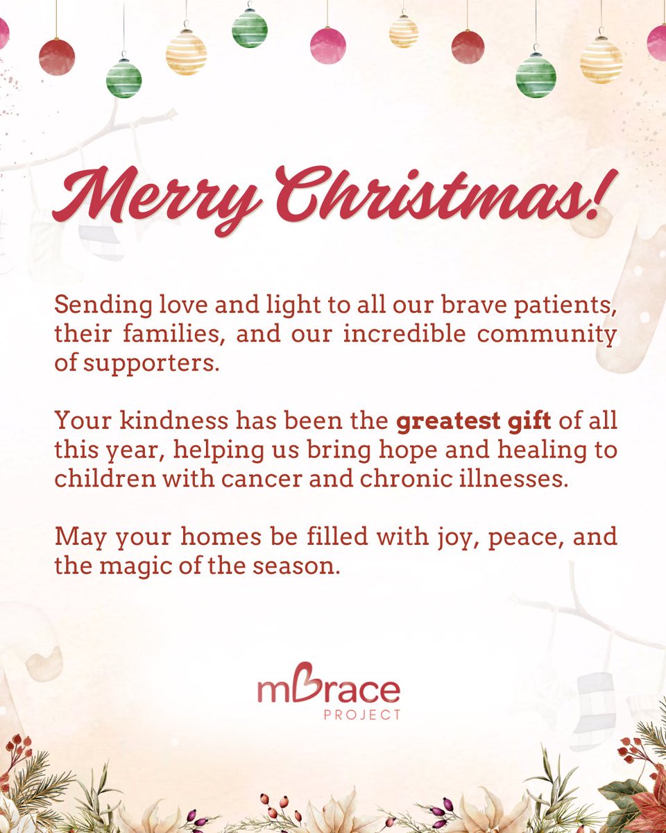 MbraceProject's tweet photo. 🎄 Merry Christmas from Mbrace Project! ✨

Sending love and light to all our brave patients, their families, and our incredible community of supporters

May your homes be filled with joy, peace, and the magic of the season. 🎁❤️

#MbraceProject #MerryChristmas #GiftOfHappiness https://t.co/VFNLimDHzW