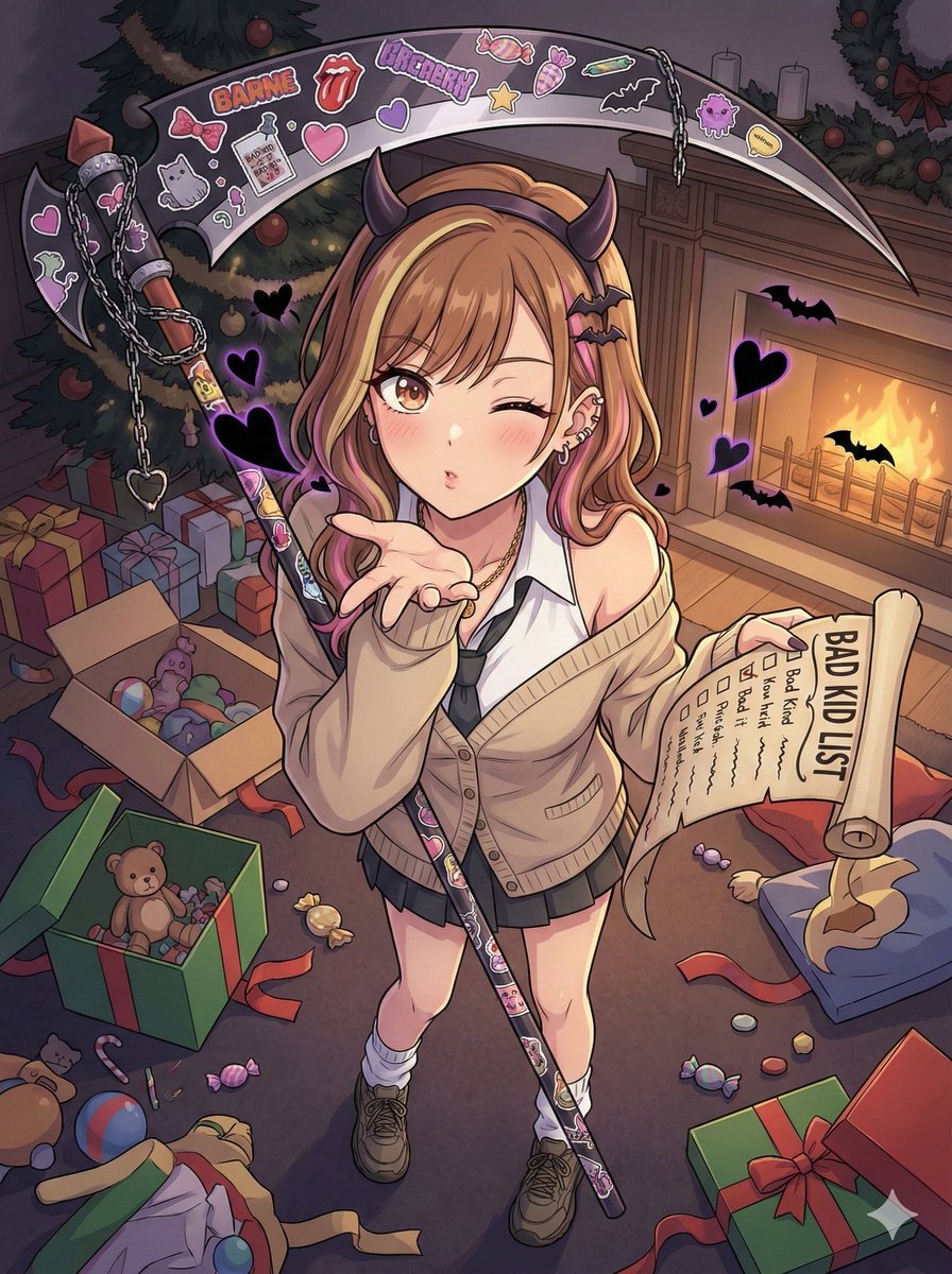 rascal8023's tweet image. サンタ待ってた？
残念、来たのは死神ギャルでした〜😜💕

「悪い子リスト」回収しに来たよ📜👻
イタズラ好きな悪い子には…アタシからのお仕置きチュッ！💋

#AIクリスマス童話