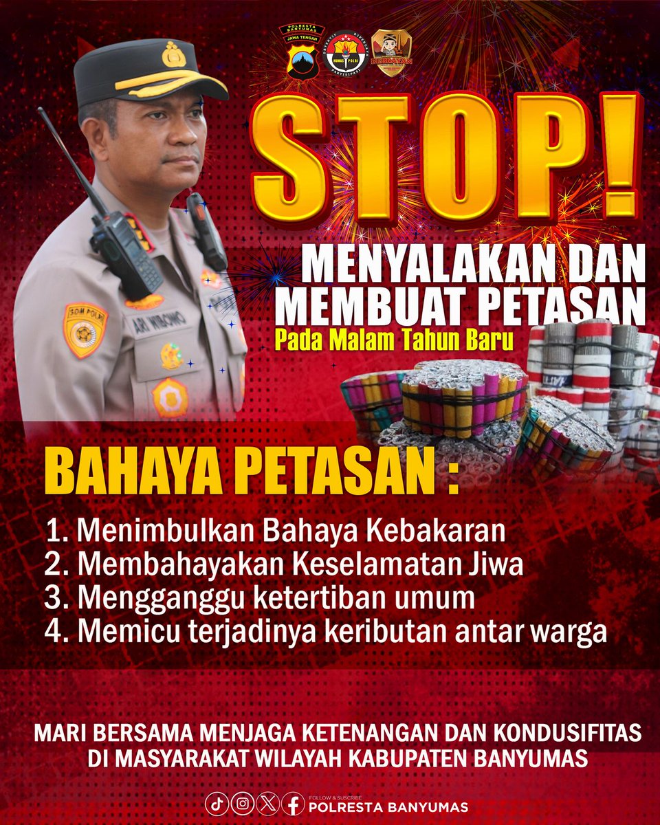 Stop Menyalakan dan Membuat Petasan pada Malam Tahun Baru. 

🇮🇩Kerja Ikhlas
🇮🇩Kerja Cerdas
🇮🇩Kerja Tuntas

<a href="/kapolresta/">kapolresta_binjai</a>.banyumas
@divisihumaspolri
@humas_poldajateng
@polresta_banyumas

#polripresisi #PolrestaBanyumas #polriuntukmasyarakat #opslilincandi2025