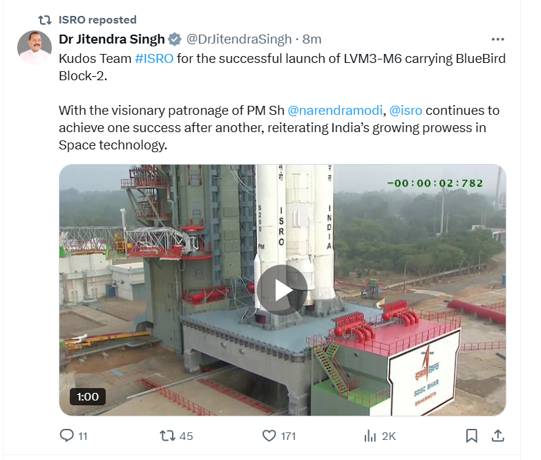Vet_Pathologist's tweet photo. Successful launch of LVM3-M6 carrying BlueBird Block-2. Launching of Heaviest Satellite from Indian Soil. Congratulations ISRO Team. https://t.co/9Muh1MvOeI