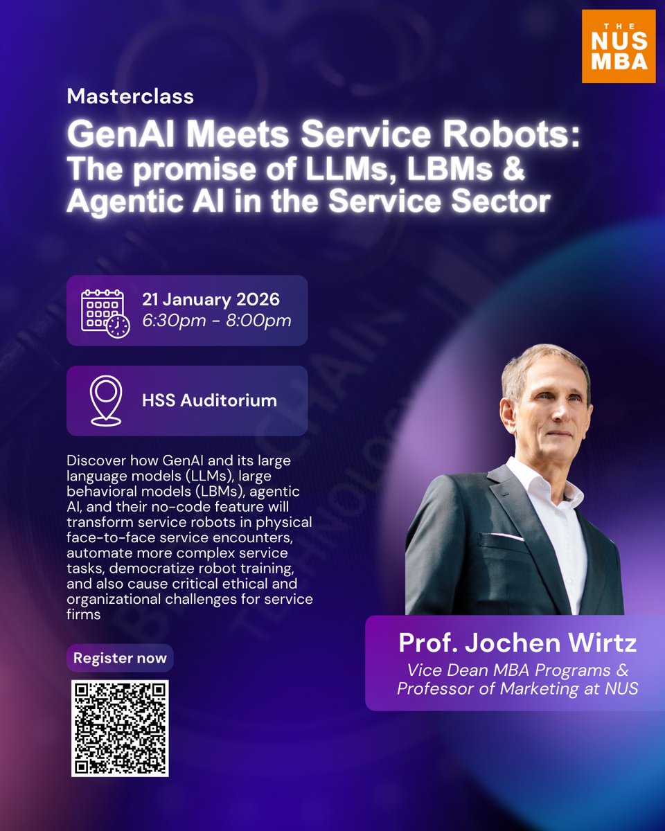 NUSBizSchool's tweet image. How will GenAI and service robots reshape customer experience? Join Prof @JochenWirtz to unpack the promise of #LLMs, #LBMs and #agentic #AI in the service sector at our upcoming masterclass.

Register now: forms.microsoft.com/Pages/Response…

#NUSBusinessSchool #LeadingFromAsia