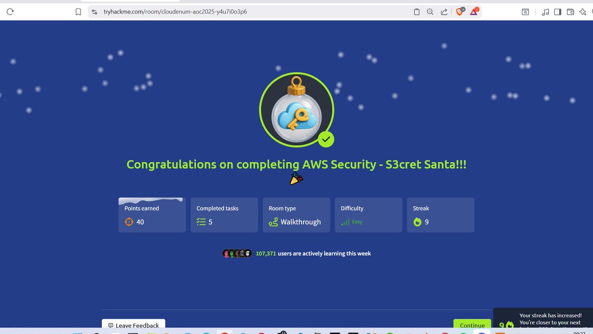 Day 23 of Advent of Cyber 25..
<a href="/OSCGuild/">OSCG</a> 
Learnt about the basics of AWS (Amazon Web Service) Enumeration.
