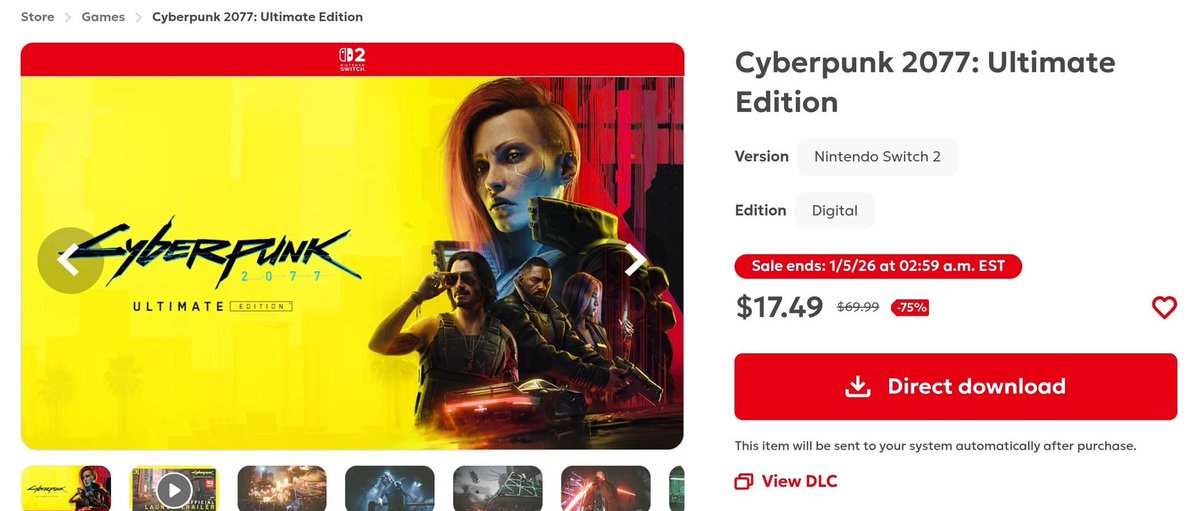 Wario64's tweet image. CD Projekt Red is honoring the Cyberpunk 2077 Ultimate Edition US eShop price error for those who purchased the game yesterday at $17.49 

The price is now $39.99 at the correct discount (42% off) nintendo.com/us/store/produ…
