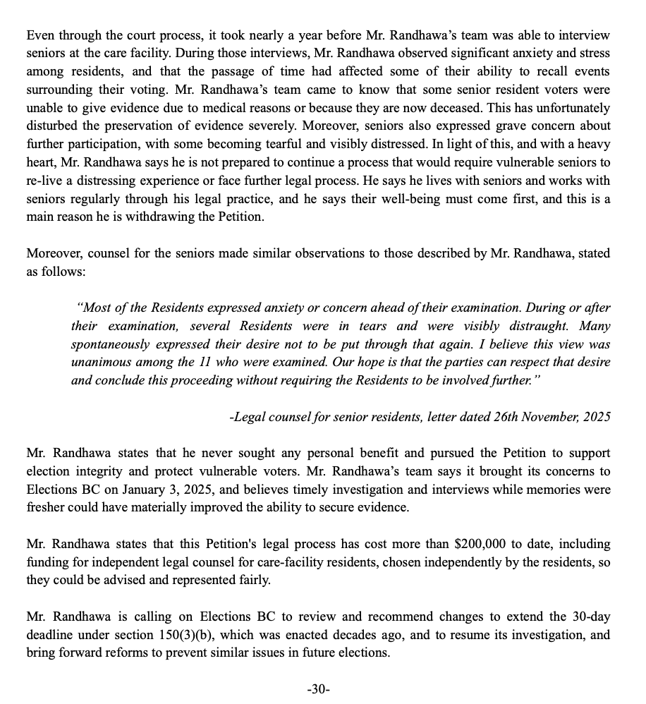Conservative runner-up Honveer Randhawa has surrendered his fight for a by-election in Surrey-Guildford, citing impacts on vulnerable witnesses and the $200,000 legal costs. NDP's Garry Begg won by only 22 votes. Randhawa found evidence of corruption. #bcpoli