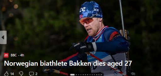 #Myocarditis #diedsuddenly 
"Norwegian biathlete Sivert Guttorm Bakken, who had been hoping to compete at the Winter Olympics in Feb., has died aged 27.

Bakken returned to competition in 2024, having been kept out since 2022 with the heart condition myocarditis.
Bakken was found