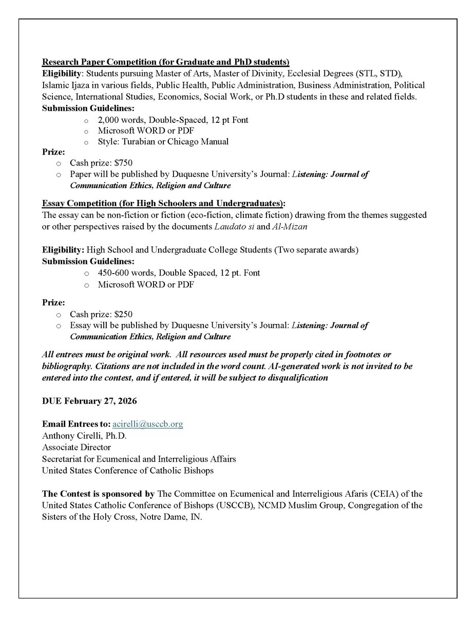 fadelfoundation's tweet photo. The National Catholic-Muslim Dialogue (NCMD) of the United States Catholic Conference of Bishops (USCCB) is thrilled to announce the Covenant with Earth research paper and essay competition for high schoolers, undergraduates and graduate students. Due Feb 27, 2026. https://t.co/R0B9OiJ0nu