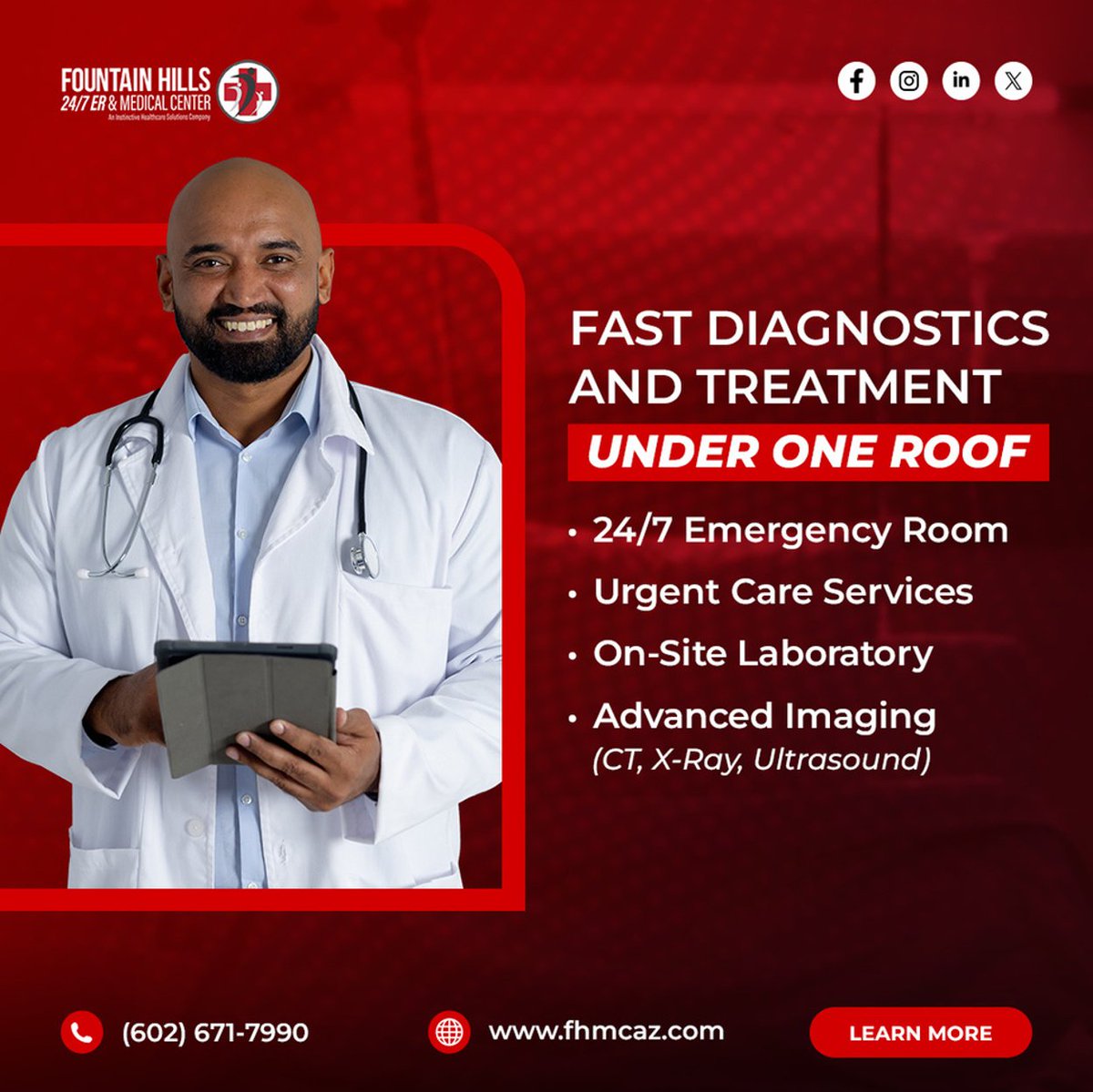 FHMCAZ's tweet photo. Everything you need. One location.
Labs, imaging, and emergency care — all under one roof, day or night.

Get complete ER care day or night — call (602) 671-7990 or visit https://t.co/LPIpdnZKGx

#FountainHillsER #FHMCaz #FountainHillsAZ #ArizonaHealthcare #EmergencyCare https://t.co/iFgrN5WJD8