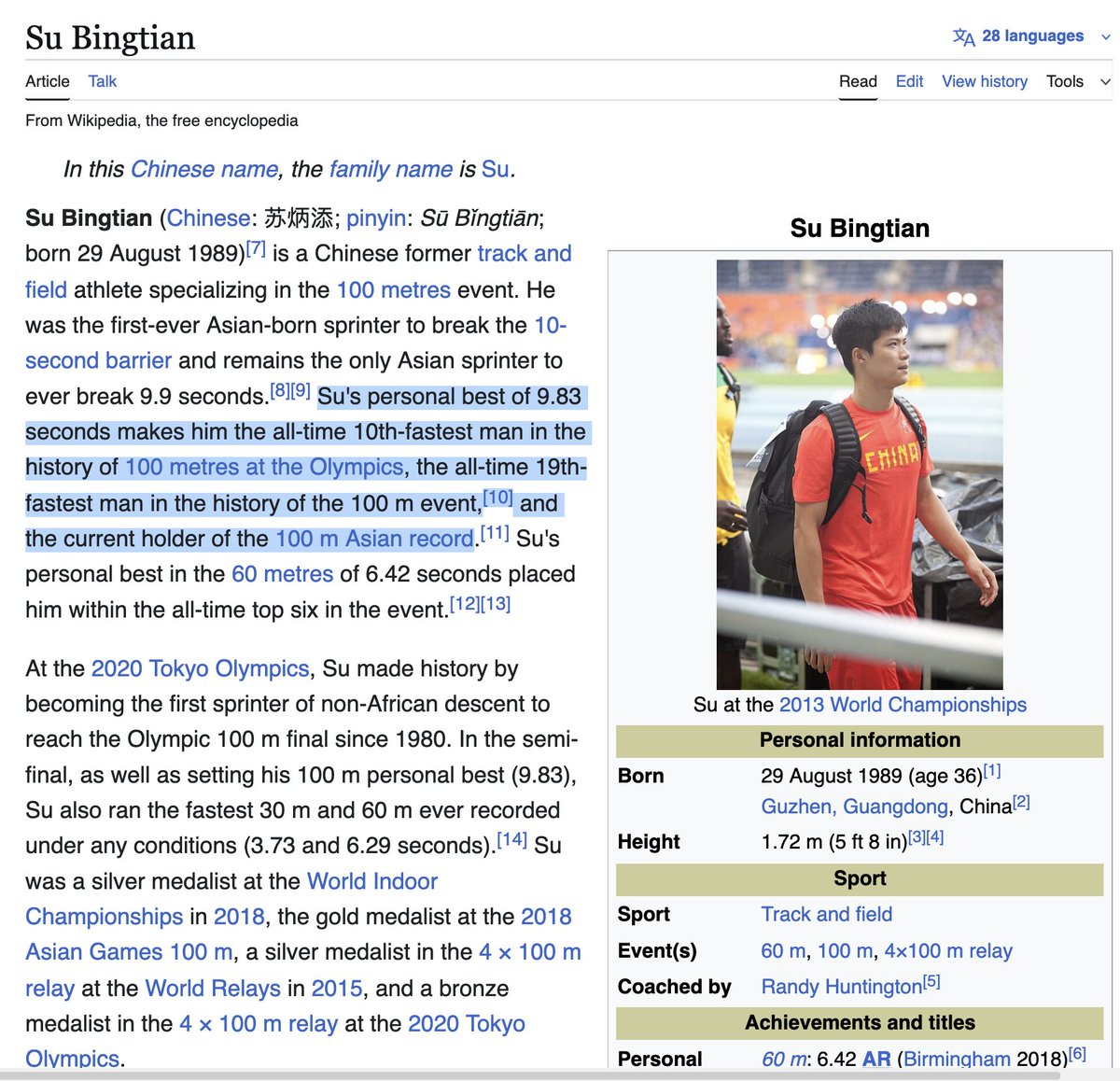 Una locura, no me había dado cuenta.
No solo es el único asiático que logró 9.9. Es el único no africano en la historia