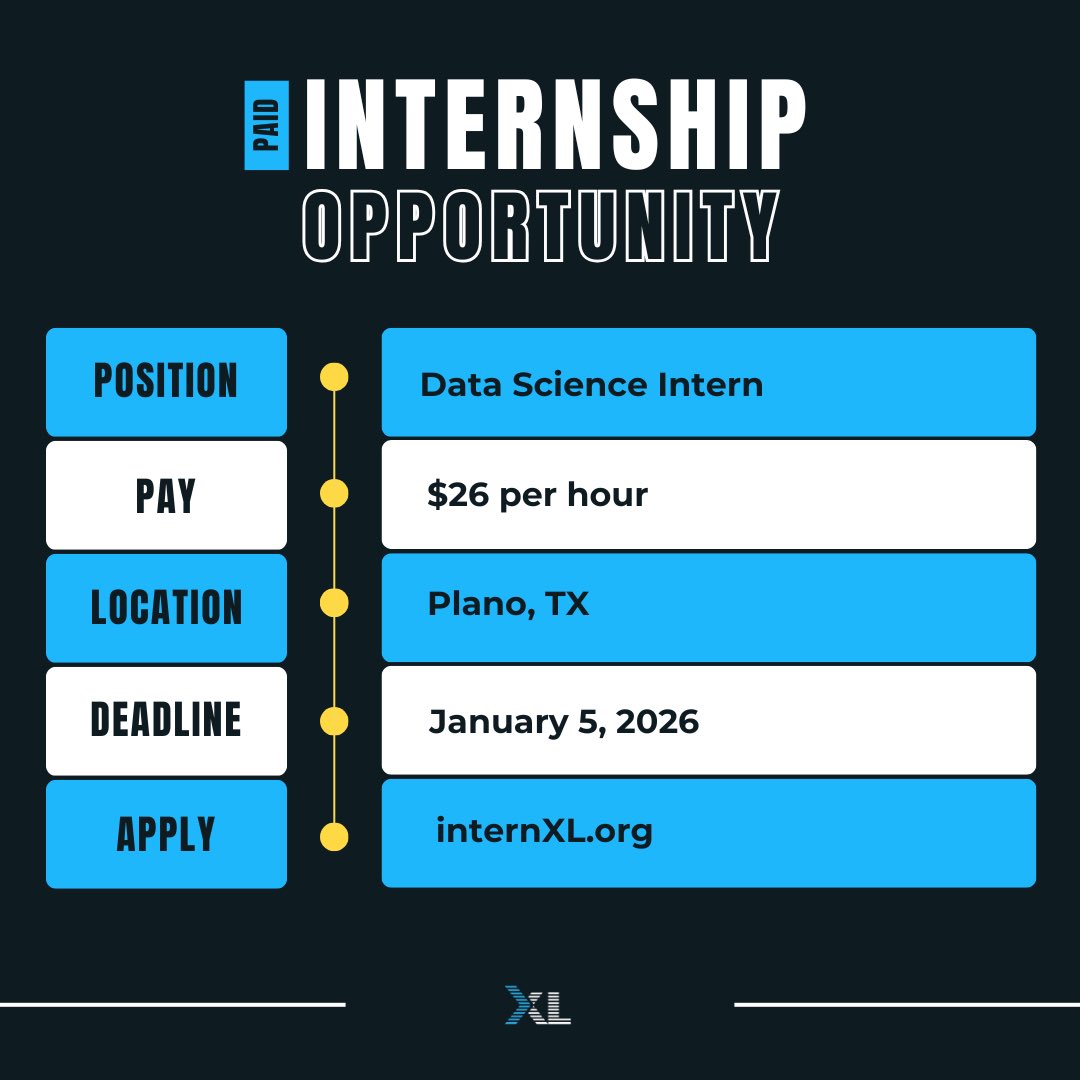 theinternxl's tweet photo. Calling all sophomore students 👀

Interested in data analytics? This paid Data Science Intern role could be for you ✨

Details -
📍 Plano, TX 💰 $26/hour 🧠 Hands-on data analysis in financial services ⏰ Deadline: Jan 5, 2026
 📲 Visit https://t.co/14o6MSQhkz today! https://t.co/Hs8GXrnV84