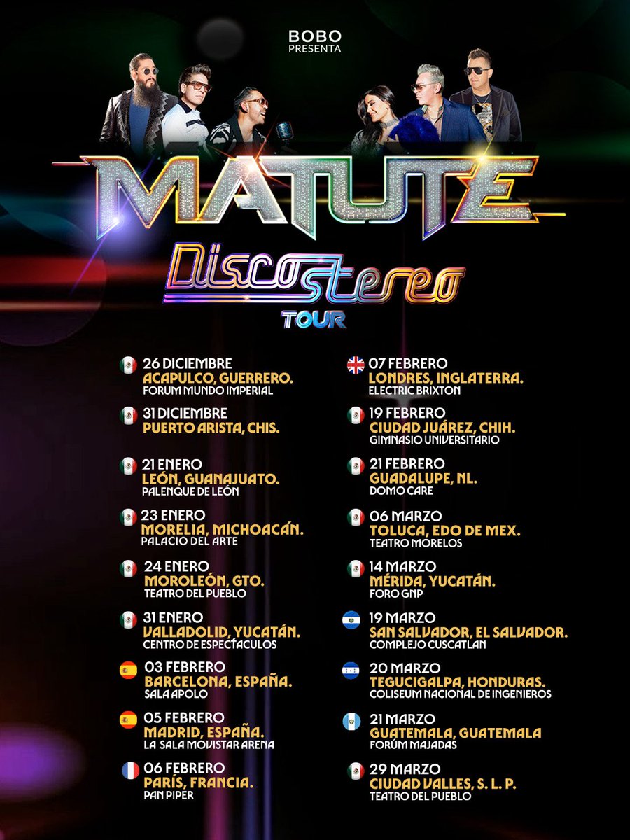 El 2025 está por terminar pero nuestro #DiscoStereoTour sigue sumando fechas, AGÁRRATE 2026 VAMOS CON TODO. 🔥

¡Qué pinshiiii emoción llegar a tantos países y ciudades! 😮‍💨 Aquí les dejamos el calendario actualizado y aún faltan más fechas, ¡NO PARAMOS!🪩🎉 ¿En dónde nos vemos?😎