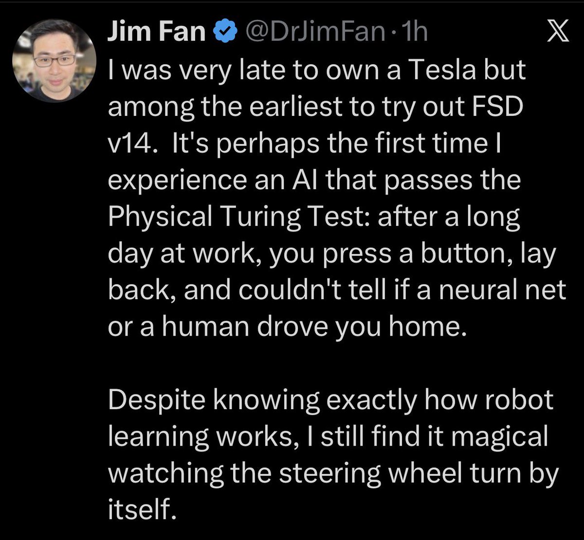 bradsferguson's tweet image. NVIDIA’s Director of Robotics comments on Tesla Self Driving v14 describes FSD as…

“an AI that passes the Physical Turing Test”

“magical”
