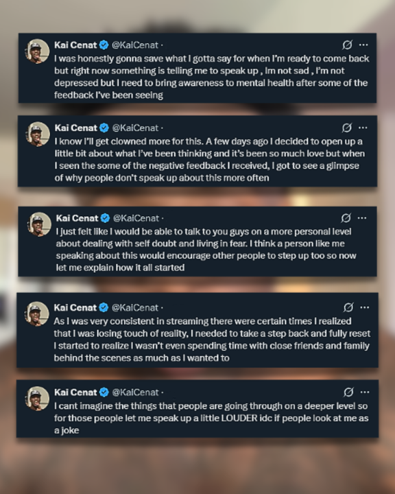 TMZ's tweet image. Kai Cenat speaks on his decision to open up about mental health in a series of X posts on Tuesday. ❤️‍🩹