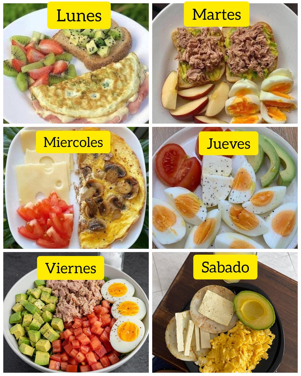 Desayunos para la semana

LUNES
-Omelette de jamón
-pan con aguacate
-Fruta
MARTES
-Pan con aguacate
-Atún 

MIÉRCOLES
-Huevo con champiñones
-Queso

JUEVES
-Huevo duro
-Queso
-Aguacate

VIERNES
-Ensalada de atún 
-Aguacate
-Huevo

SABADO
-Huevo revuelto
-Tostadas
-Queso