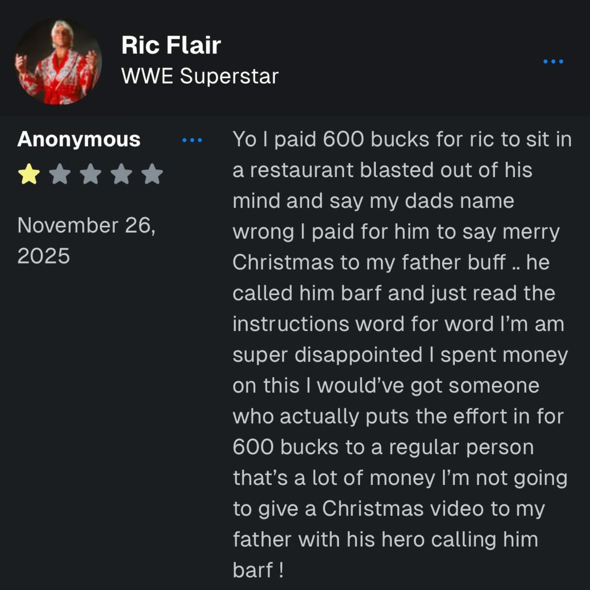 TripleHHHPaulL's tweet image. This is quite the review for a $600 cameo from Ric. 🤣