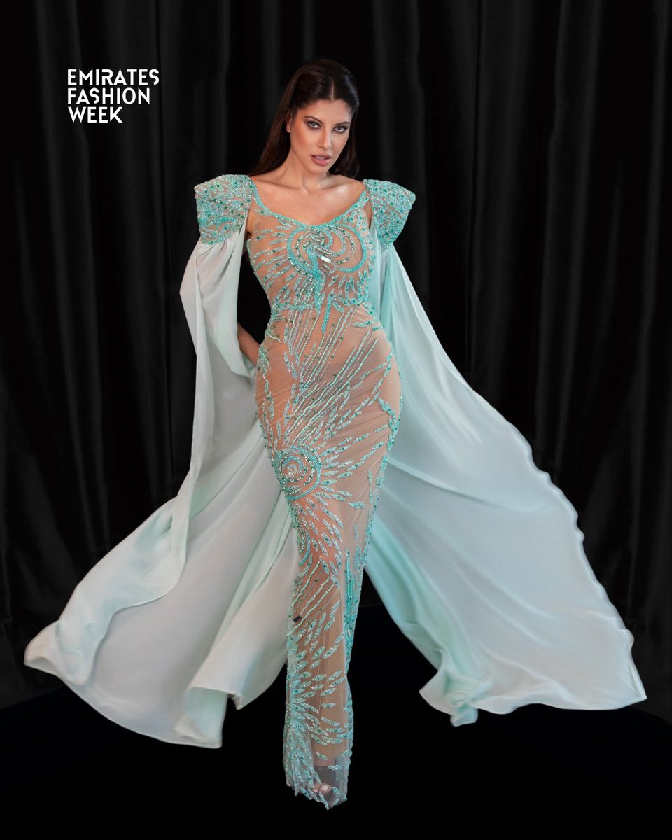 EmiratesFW's tweet photo. Aras Nancy’s Diamond Collection shimmers with crystal embroidery, sculpted shoulders, and fluid capes that catch the light like a finely cut diamond.

Seen at #EmiratesFashionWeek
📍 Sofitel Dubai Downtown https://t.co/t16TzYab1W
