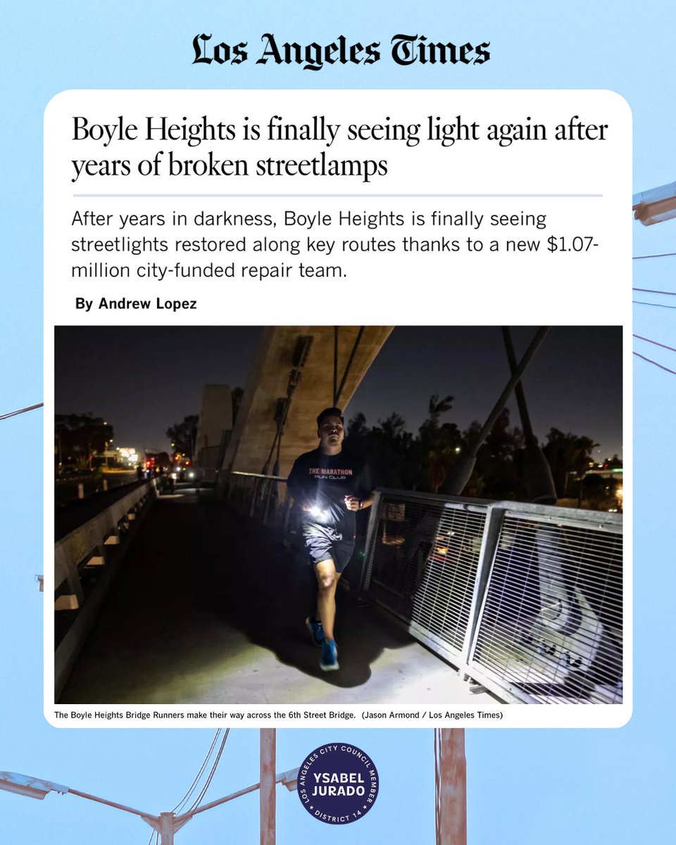 cd14losangeles's tweet photo. ICYMI: Councilmember Jurado’s $1.07M investment for a dedicated streetlight repair team in CD14 is making waves! The crew is on the ground fixing long-neglected outages and bringing safer, brighter streets back to our neighborhoods. 

🔗: https://t.co/zMLdDY4B84 https://t.co/fIIDTknvNJ