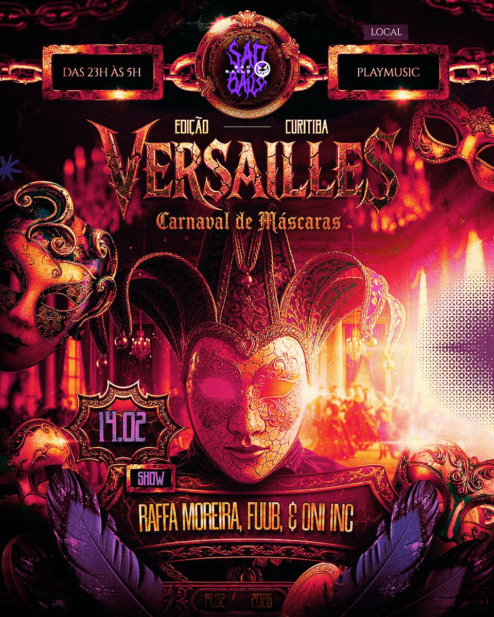 sadbaileoficial's tweet image. 🛸 SADBAILE — VERSAILLES

🎭🩸 O ÚLTIMO CARNAVAL

👑 HEADLINERS
RAFFA MOREIRA (@bc_raff)
FUUB (@eufuub)
ONI INC! (Las Vegas 🇺🇸 @oniincteam )

🔥 DJ Frozen @_djfrozen • Gabs @djgabsls

🍹 OPEN BAR PREMIUM
Em parceria com a caicarabrazildestilaria