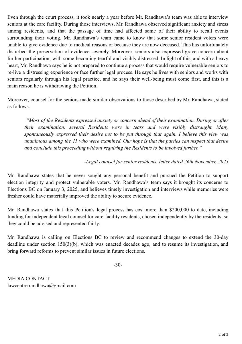 🚨 FOR IMMEDIATE RELEASE 

December 23, 2025 

Breaking News Surrey, British Columbia

“Randhawa to Withdraw Surrey-Guildford Election Petition After Mail-in Ballot Violations Acknowledged, Citing Seniors' Distress, Calls on Elections BC to Complete Investigation and Protect