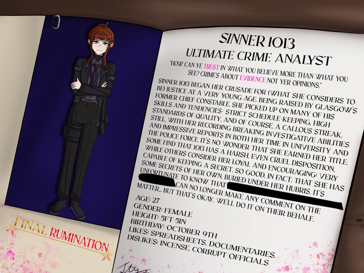 Finalrumination's tweet image. 1/18 Character Bios in our sinners amongst the cast. Wonder what she did to get a file like this?
 #fangantwt #fanganronpa
