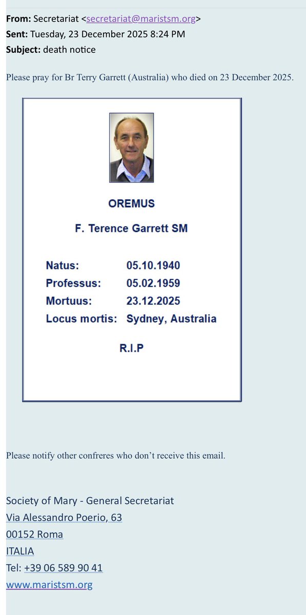 oxley8150's tweet photo. A Friend of mine died yesterday: Brother Terry Garrett SM. One of the most gifted handymen ever. Well done, Good and Faithful Servant. ๐งฐ๐ช๐๐๐๐๏ธ๐ฆ๐บ๐ป
#ConsecratedLife #Armidale #Lismore #Darwin #Sydney #CatholicTwitter @matthewcashmore @Gda1238 https://t.co/clVc9XMJkA