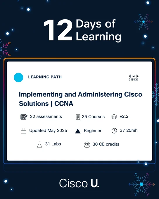 A dark blue background with snowflakes. A white card displays '12 Days of Learning' at the top. Below, it outlines a learning path for 'Implementing and Administering Cisco Solutions | CCNA' featuring details on assessments, courses, labs, and CE credits.