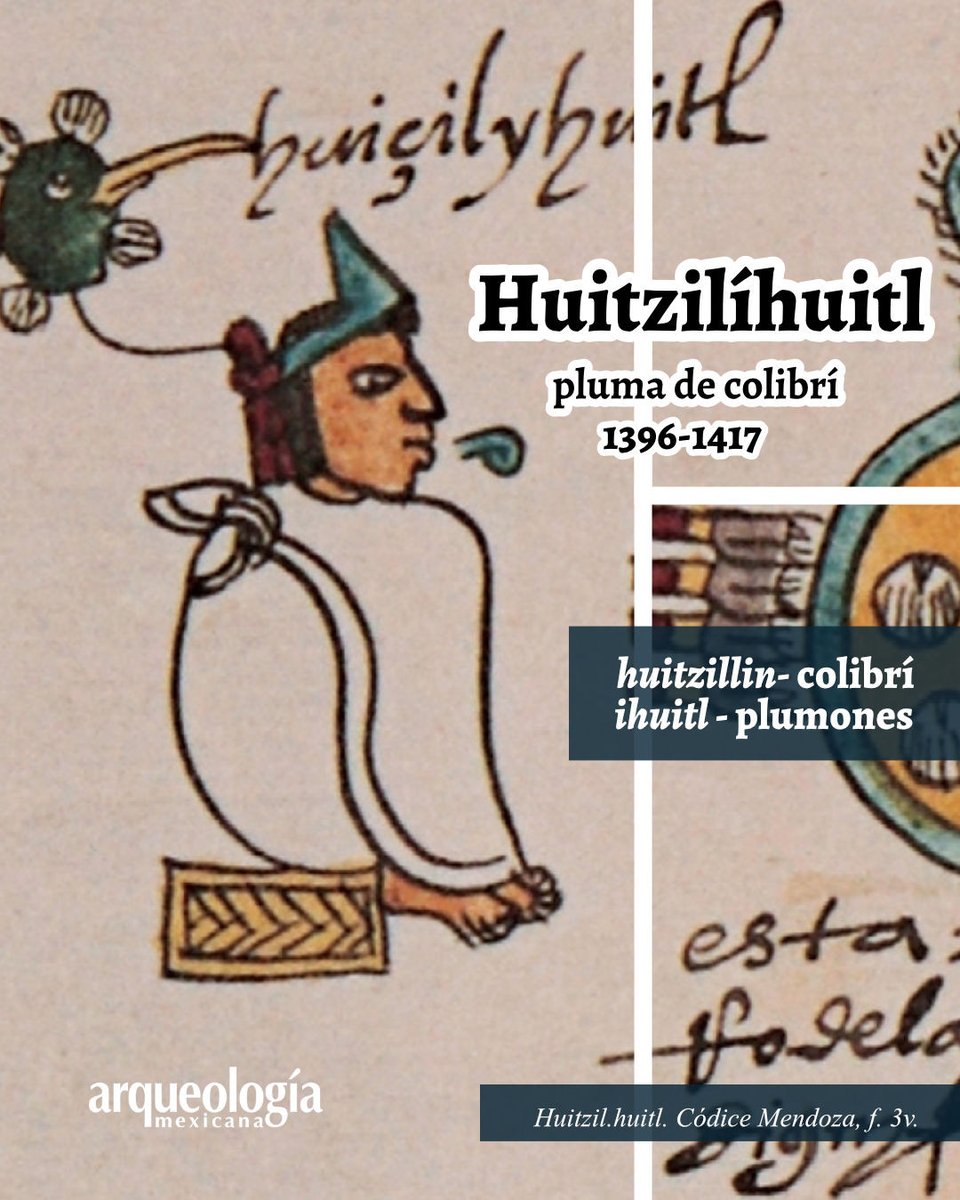 Huitzilíuitl (1396-1417)
El segundo tlatoani de Mexico Tenochtitlan.
A pesar de que su nombre se traduce como pluma de colibrí, este apelativo
no parece referirse a la pluma, sino particularmente a su sección compuesta de filamentos suaves y esponjosos.
🧐Un gobernante cada día.