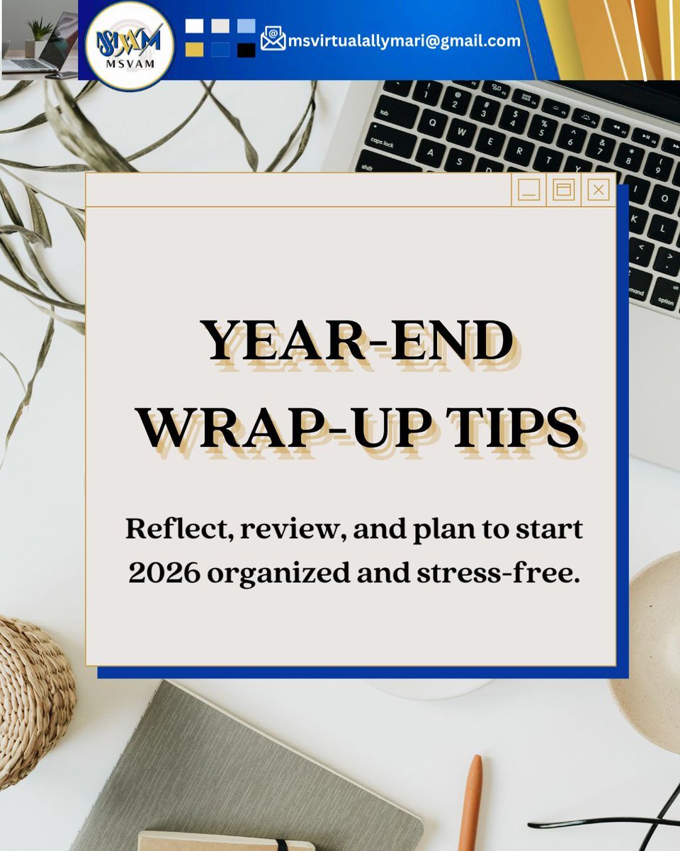 Basco_Marilyn13's tweet image. The year is ending — perfect time to reflect, review, and reset. 
Audit your workflows, review your systems, set actionable goals, and celebrate your wins.

Planning a few hours now ensures 2026 starts organized, focused, and productive. 💙

#YearEndReview #VASystems #MSVAM