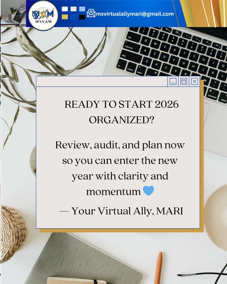 Basco_Marilyn13's tweet image. The year is ending — perfect time to reflect, review, and reset. 
Audit your workflows, review your systems, set actionable goals, and celebrate your wins.

Planning a few hours now ensures 2026 starts organized, focused, and productive. 💙

#YearEndReview #VASystems #MSVAM