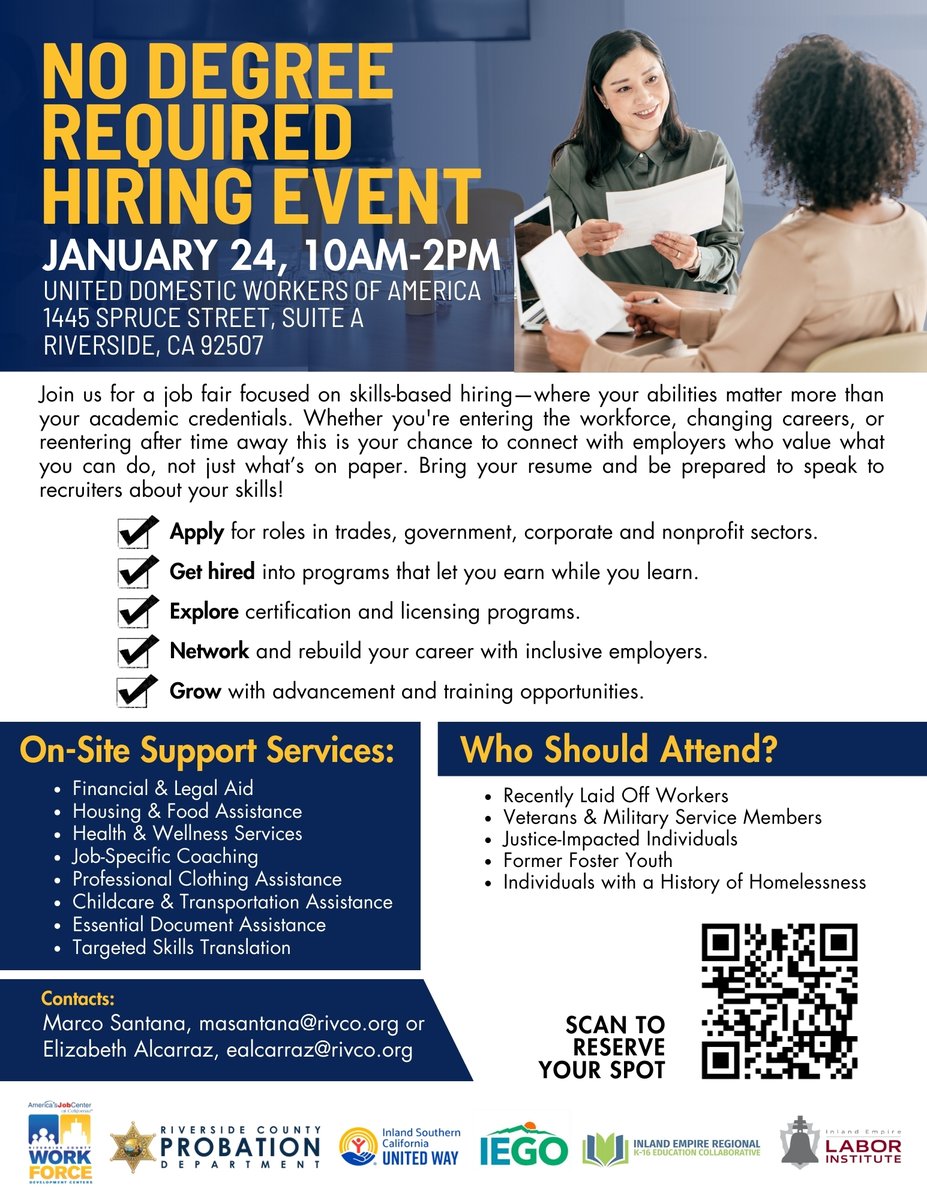 TemValChamber's tweet image. #TVCCMemberEvent 🚀 Calling all Chamber members and business owners! 
Join Riverside County Workforce Development at the No Degree Required Hiring Fair.
📅 January 24
🕛 10 AM- 2 PM
📍 1445 Spruce Street #Suite A, Riverside, CA 92507
Learn more: bit.ly/44j81at