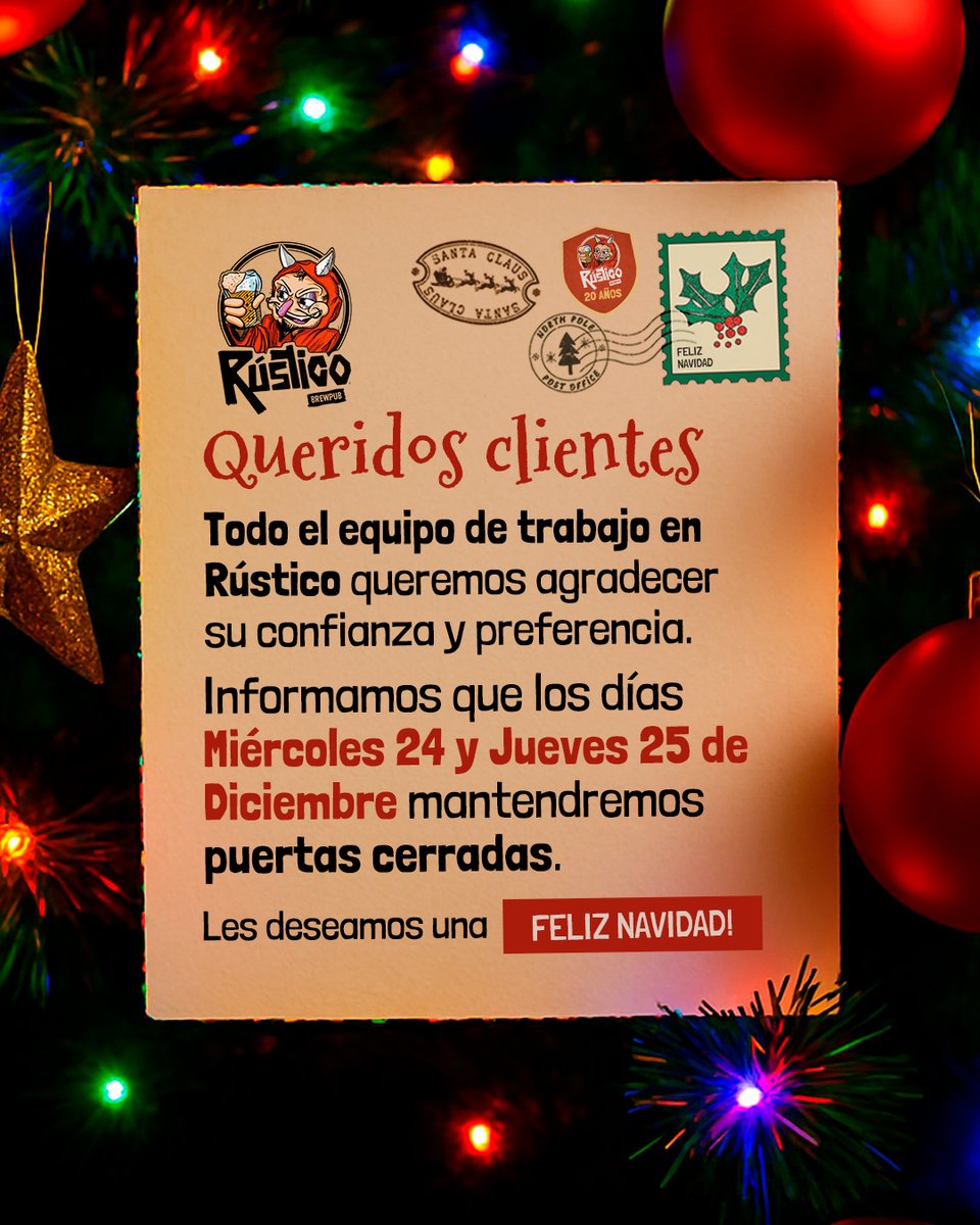 RusticoBrewPub's tweet image. Queremos agradecerles por su confianza en Rústico este año. Por motivo de las festividades navideñas, nuestro equipo estará descansando del 24 al 25 de Diciembre 🎄

Volveremos a estar operativos desde el viernes 26 de Diciembre ¡Le deseamos una muy Feliz Navidad ❤️