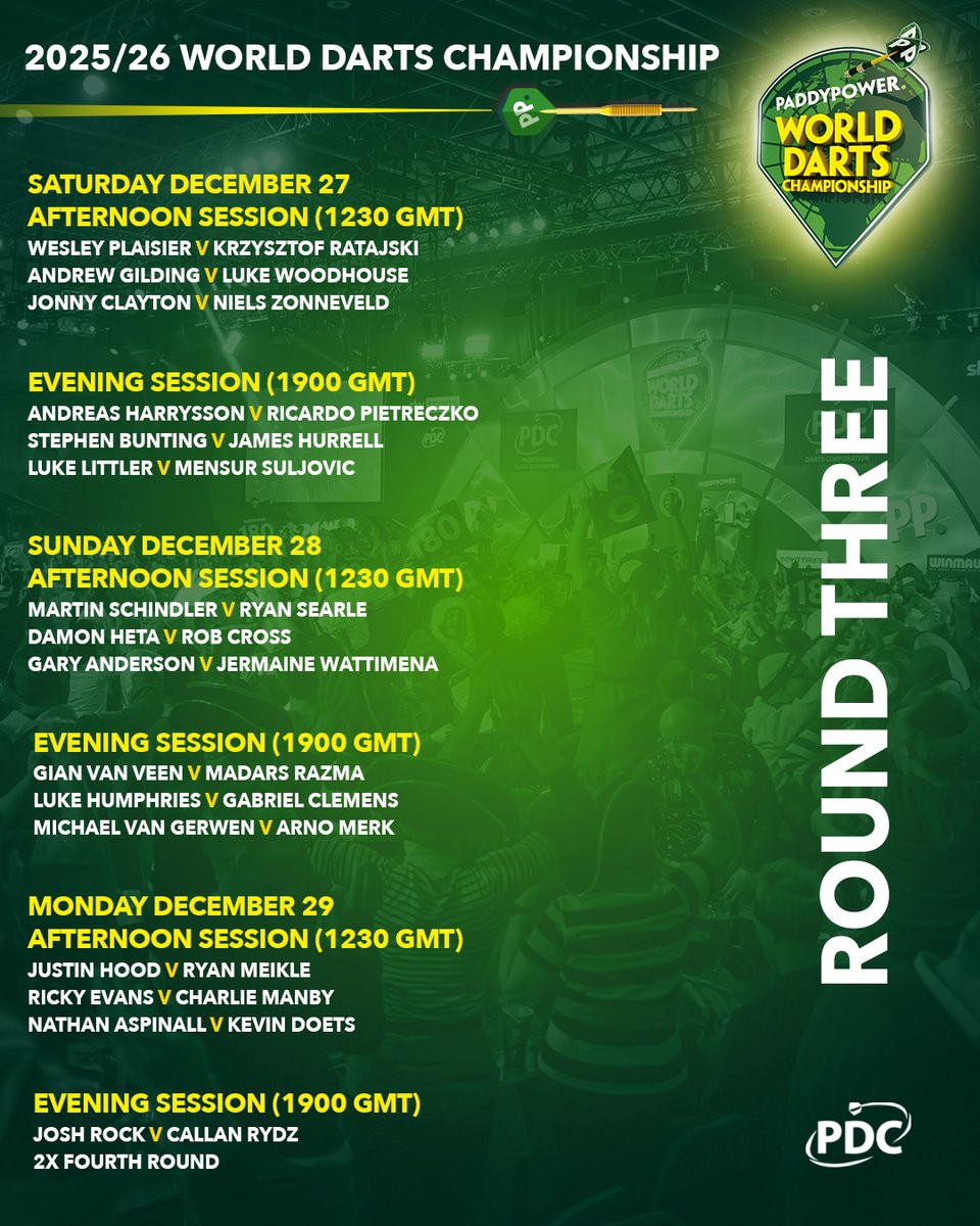 ROUND THREE SCHEDULE 🔢

A three day break and then we will be back with the Last 32 at Ally Pally 🙌

📝 bit.ly/WC26PostXmas
