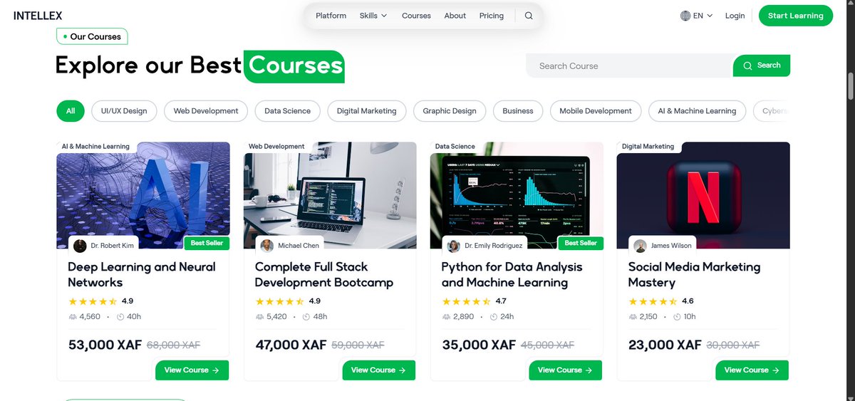 devdynasty237's tweet image. Cooking up a course cards section with inverted border radius, few page snapshots and literal glass-effect navbar . Still in the building phase but wanted to share the progress — you can check it out here: intellex-eight.vercel.app