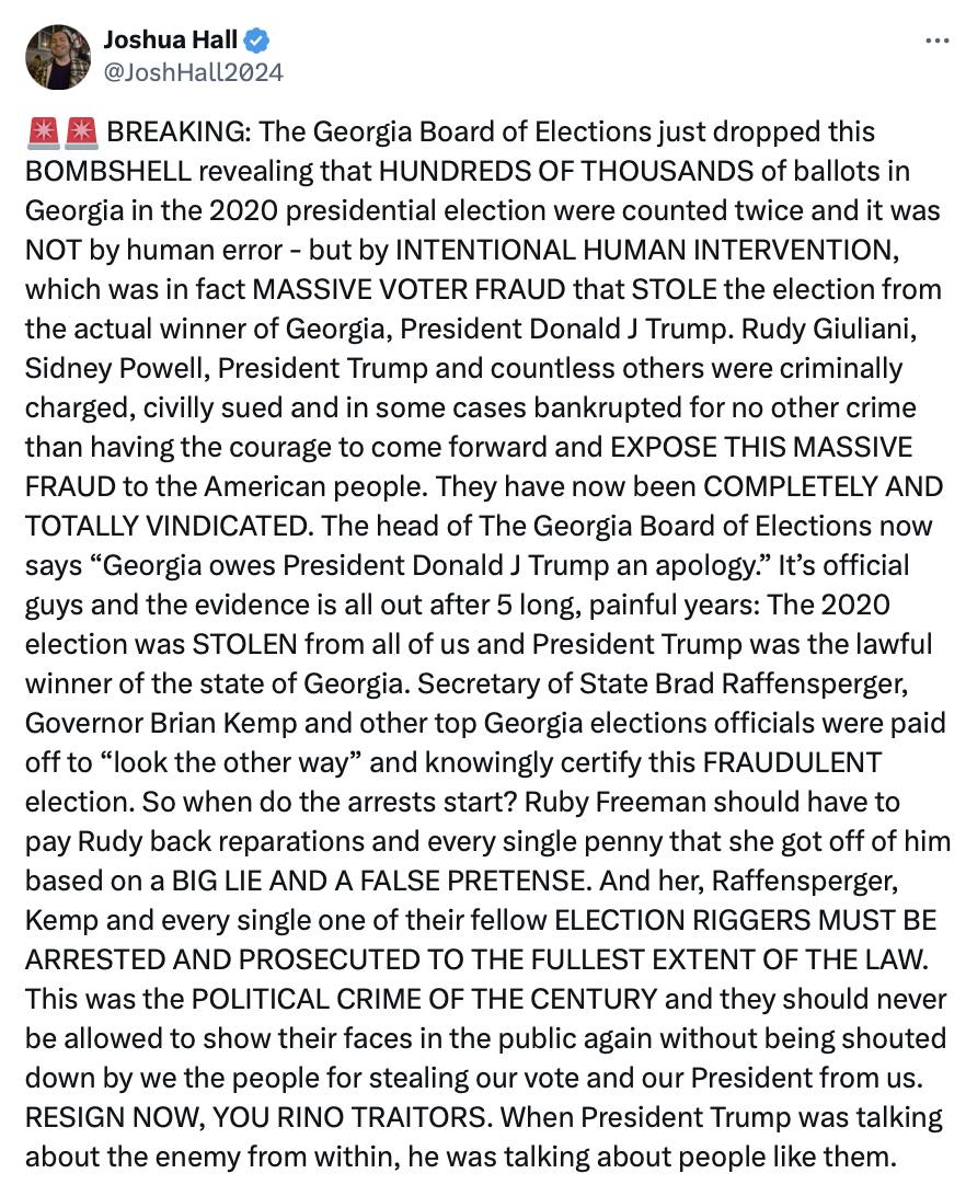 🚨조지아 주 선거관리위원회가 방금 폭탄급 사실을 공개했다. 

2020년 대통령 선거에서 조지아 주의 수십만 장의 투표용지가 두 번 집계되었으며, 이는 인적 실수 때문이 아니라 의도적인 인간 개입에 의한 것이었다는 내용이다.

트럼프 대통령이 말한 “내부의 적“이란,
바로 이런 사람들을 가리킨