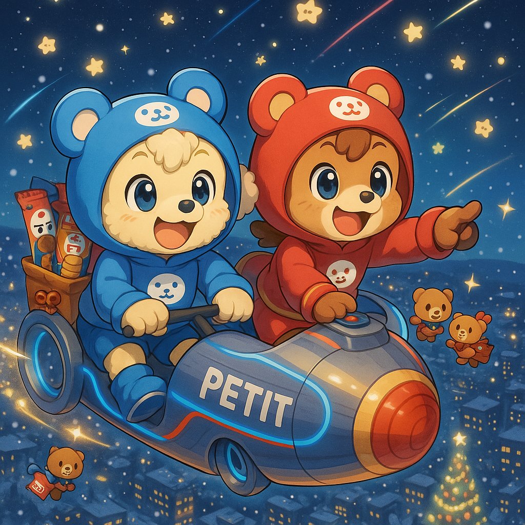 本日のワンショット🐶
🐾ほのぼのシリーズ🐾

イブの夜空をプチクマ兄弟が駆ける✨

ソリにはプチのお菓子も満載🍪

魔法の光跡が街を彩り、流星のように走り抜ける🌠

でちゅ～～～🐶✨💕💕💕
#愛犬
#トイプー
#AIイラスト
#ブルボン・プチの日