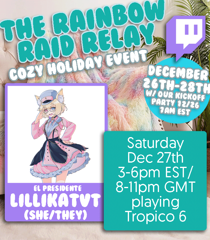 Streamer Spotlight: <a href="/Lilli_KatVT/">Lilli Kat</a> 

Get in line, because El Presidente LilliKat will be building her banana republic in Tropico 6 during the event.

Saturday December 26th
3-6pm EST
twitch.tv/lillikat

#gaymer #lgbtqia #lgbtqia🏳️‍🌈 #vtuber