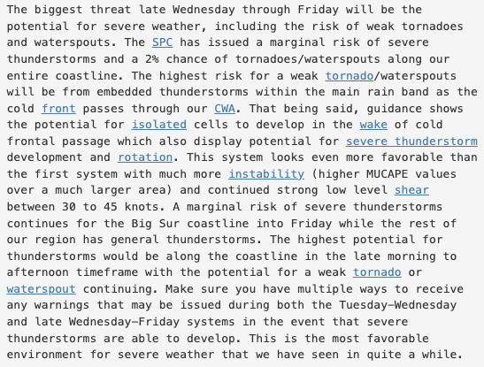 One thing that really stands out about this week's California storms is the highly unusual risk of severe thunderstorms, both overnight Tue Wed and then again late Wed into Thu. Multiple low-topped supercells may generate very strong wind gusts and even a few tornadoes. #CAwx