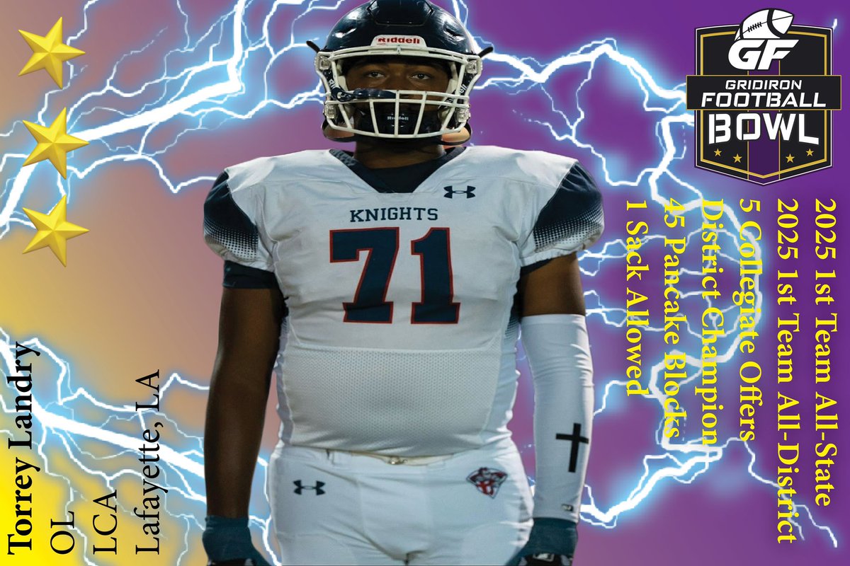 GridironFootbal's tweet image. BREAKING NEWS: LCA (@LCAKnightFball) 1st Team All-State OT Torrey Landry Jr. (@TLandryJr) has committed to play in the 2025 Gridiron Football All-American Bowl Game! Click below to read more about our latest bowl game commit!

READ: gridironfootballusa.com/breaking-news-…