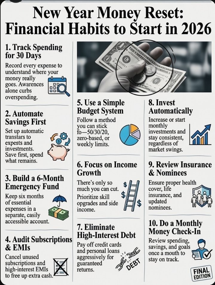 Polylogist's tweet image. #Wealth — New Year Money Reset: Financial Habits to Start in 2026

1. Track Spending for 30 Days: Record every expense to understand where your money goes. Awareness curbs overspending.

2. Automate Savings First: Set up automatic transfers to savings/investments. Save first,…