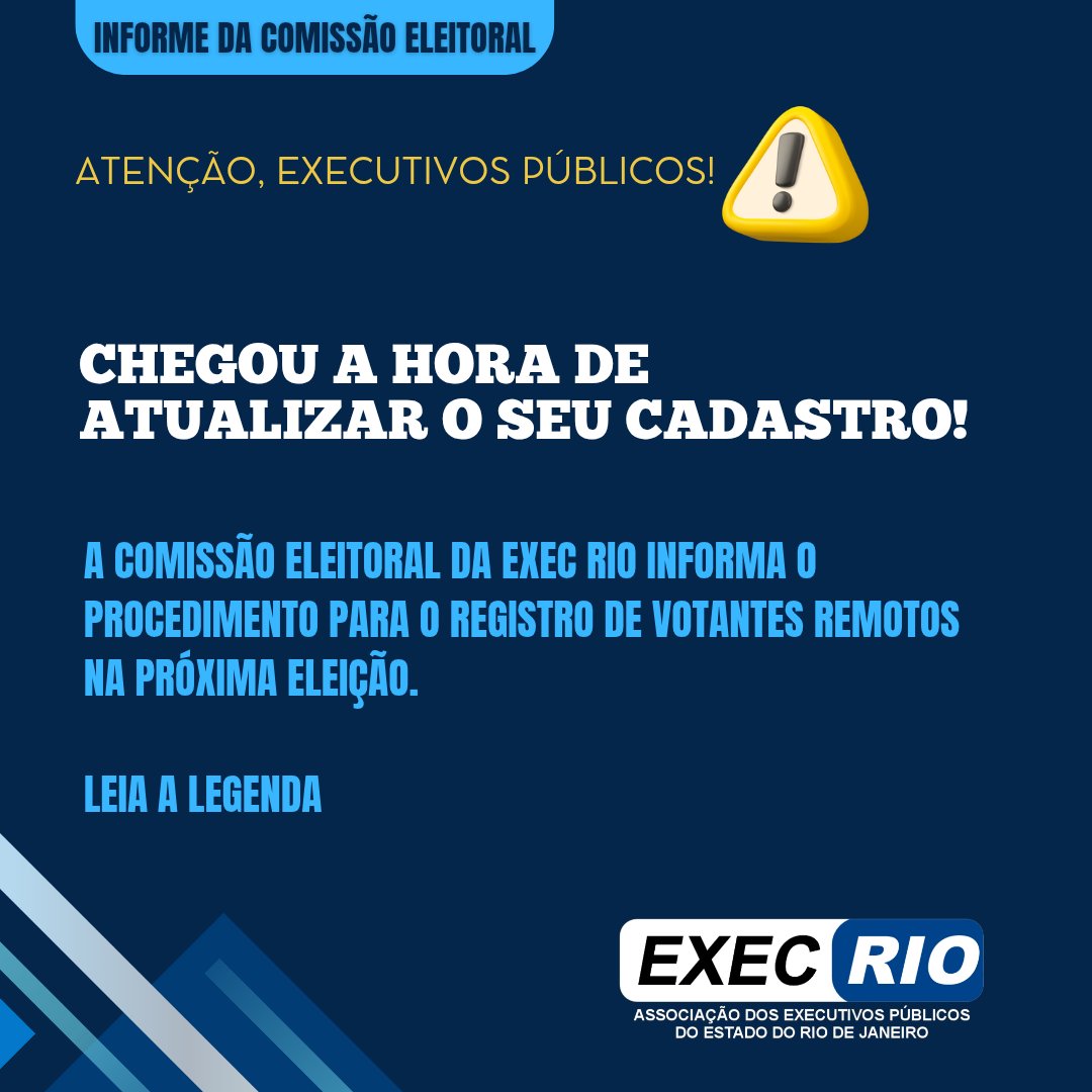 execrio's tweet image. A Comissão Eleitoral da #ExecRio informa o procedimento para o registro de votantes remotos na próxima eleição. Atualizem seus cadastros por meio de formulário online: forms.gle/MGrDcByzcP3ydY…