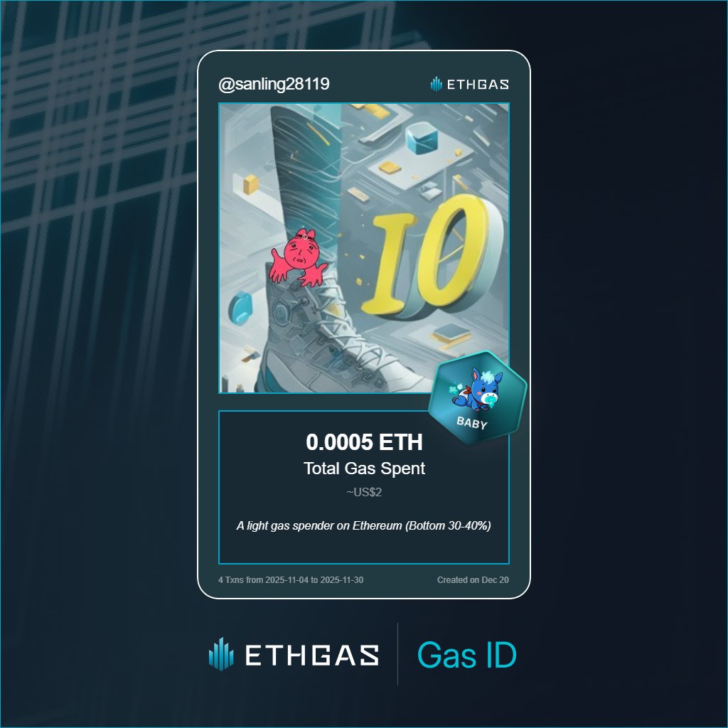 Leveled up in the Great Gas Reckoning with ETHGas! 💪

Baby Jack status: 0.0005 ETH gas spent, 1 Beans earned—supporting the Gasless Future!

Claim your Gas ID at ethgas.com/community/gas-…