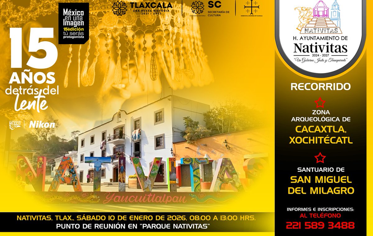MuseoTlaxcala's tweet photo. 🗺️ Caminata fotográfica en Nativitas, Tlaxcala. 
El Museo de la Memoria de Tlaxcala te invita a la caminata fotográfica en el Municipio de Nativitas. 
🗓️ Sábado  10 de enero de 2026.
🕛 8:00 horas
📍 Presidencia Municipal de Nativitas | Plaza Municipal, Parque Hidalgo 
Tlaxcala. https://t.co/A80lRYhpHE