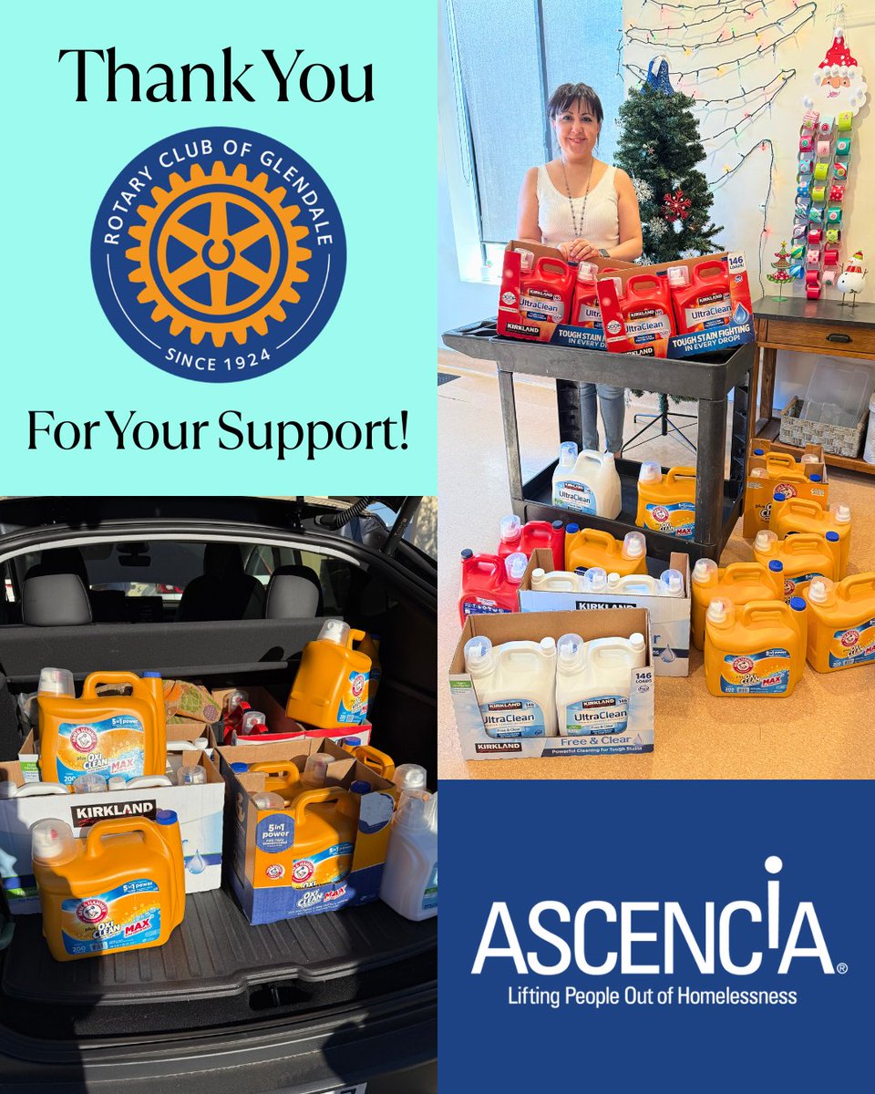 Once again, our amazing friends and partners from Glendale Rotary Noon have stepped in to help our mission with a large supply of laundry detergent. On average, about 200 loads of laundry are washed at Ascencia per month! On behalf of the families we serve, we are so grateful!